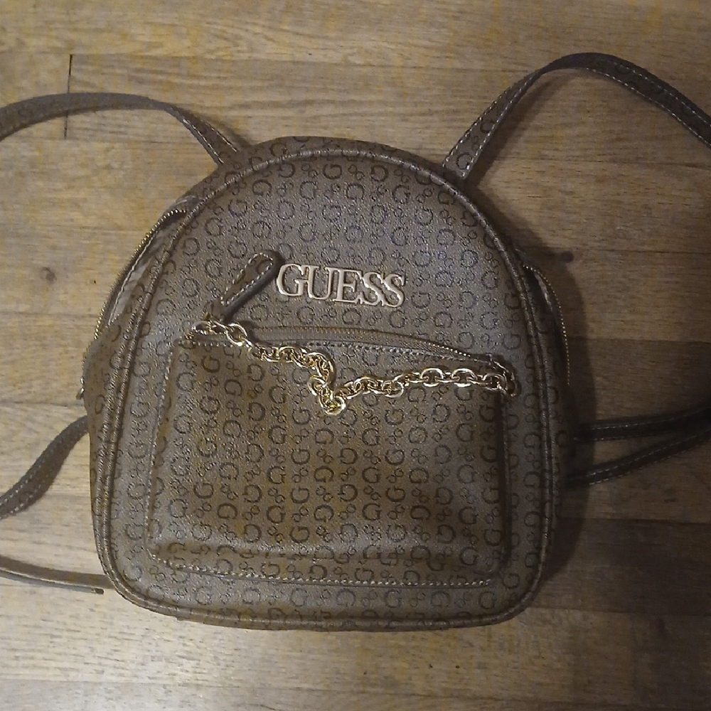 Guess Brown Logo Mini Backpack with Gold Chain, Like New